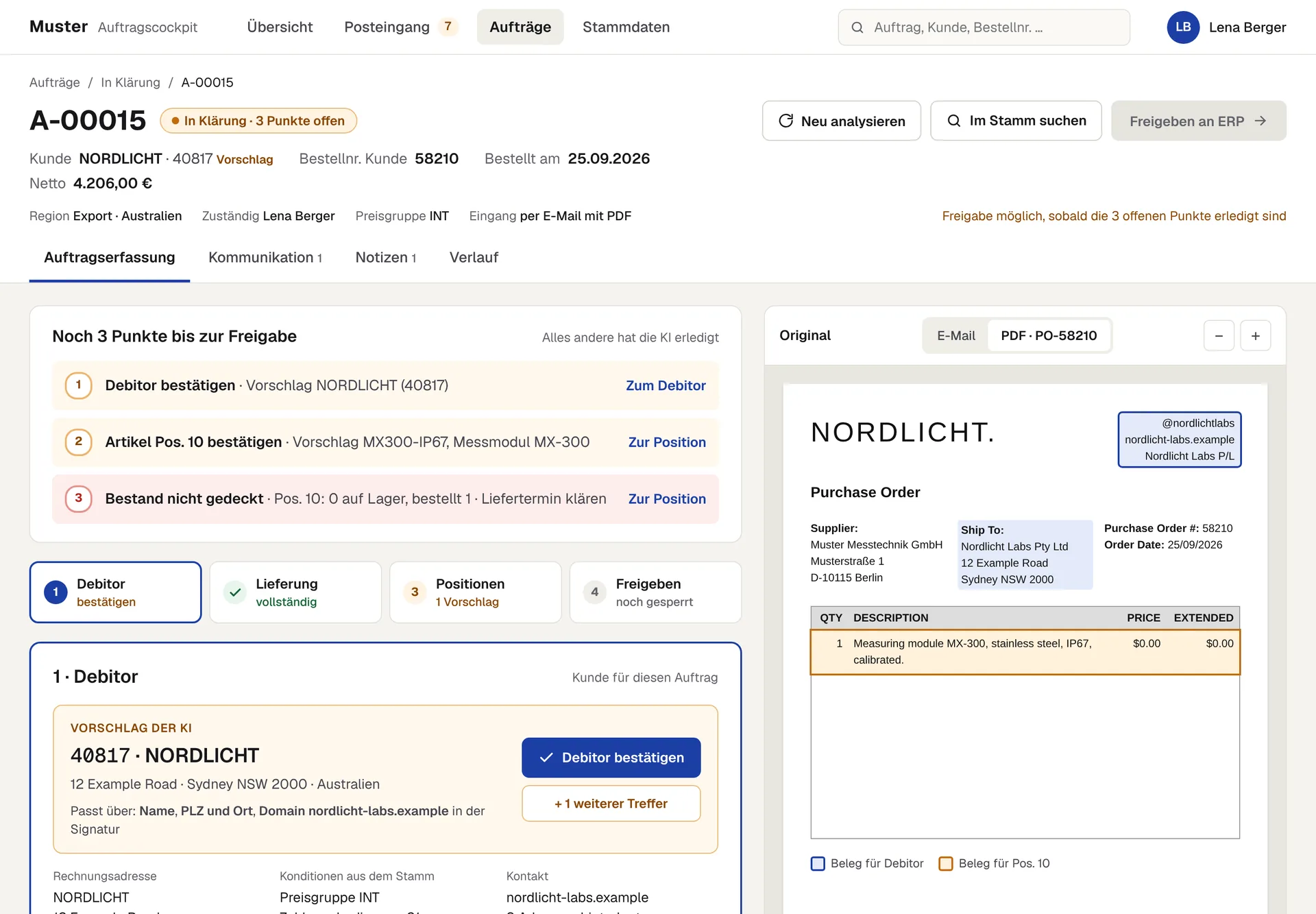 Order page: open points before approval, the AI suggestion for the customer and the original purchase order PDF alongside